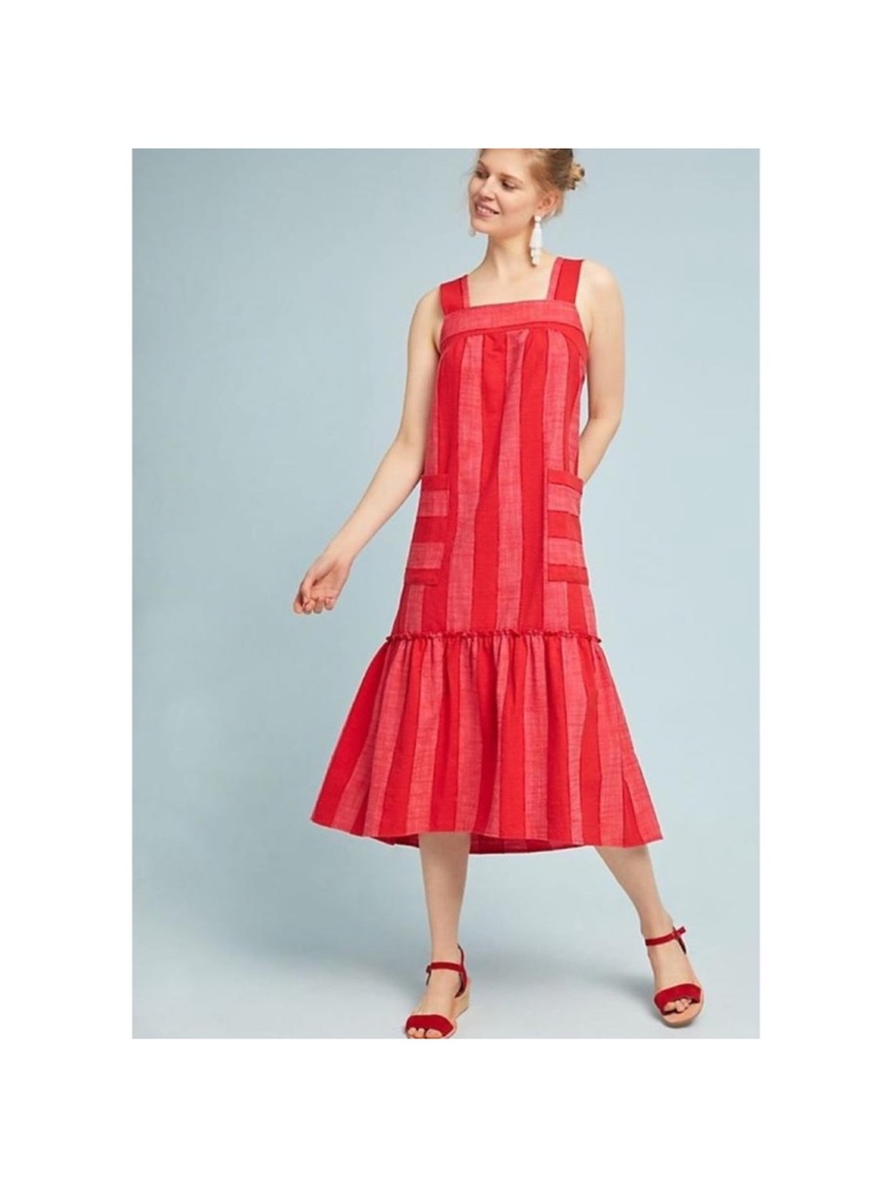 Anthropologie Maeve Red Tonal Stripe Midi Dress M